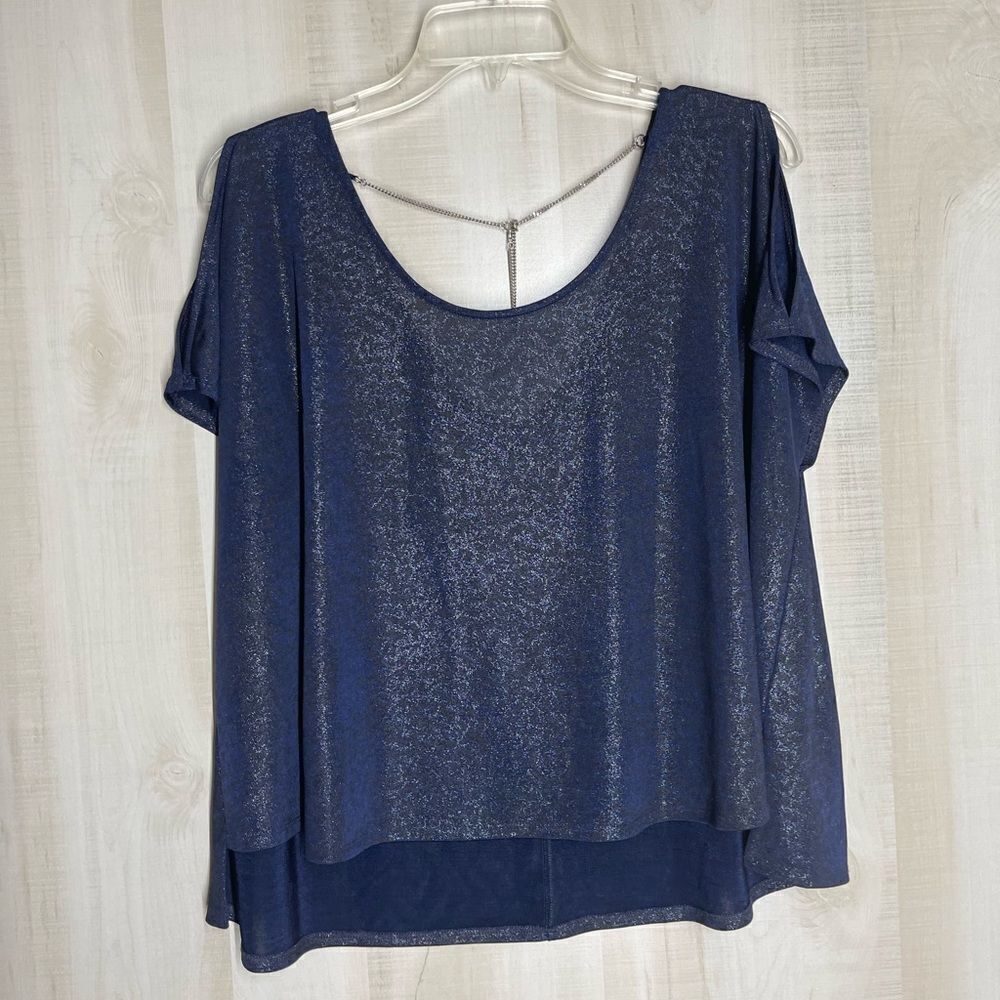 Jennifer Lopez blue shimmering‎ shirt sleeve top, size large